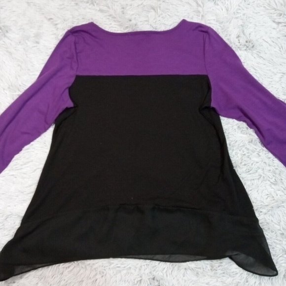 Notations Womens Shirt Blouse‎ Black Petite Large Purple Stretch Sheer Bottom - Picture 3 of 10